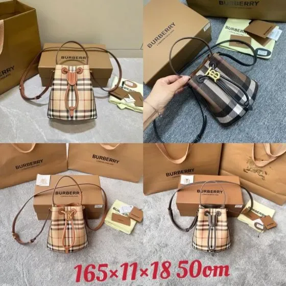Burberry Check Drawstring Bucket Bag Beige Brown Check 16 5cm 11cm 18cm Crossbody
