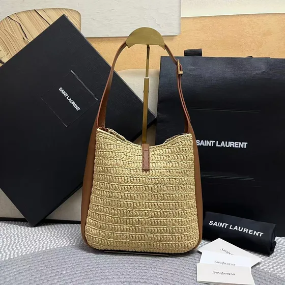YSL Le 5 7 Raffia Hobo Bag Natural Beige Brown Hobo