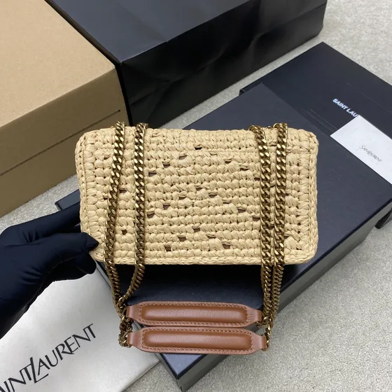 YSL Cassandre Small Envelope Chain Bag In Raffia Natural Beige Crossbody