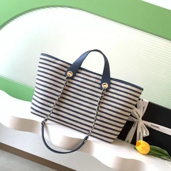Chanel Deauville Tote Navy Blue And Beige Striped Tote Bag