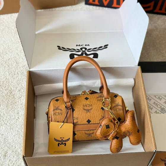 MCM Mini Visetos Boston Bag Cognac Brown Top Handle
