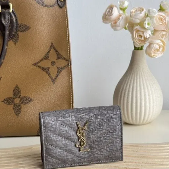 YSL Cassandre Matelass Card Case Gray Card Holder