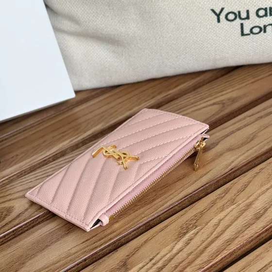 YSL Cassandre Matelassé Zip Card Case Merah muda Card Holder