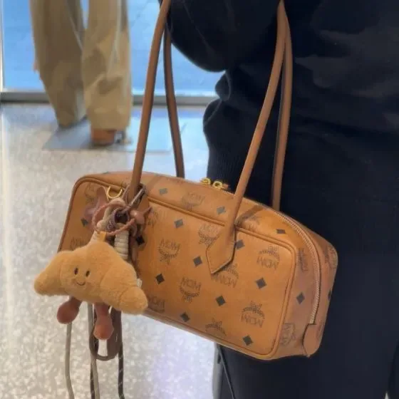 MCM Aren Boston Bag In Visetos Cognac Brown Shoulder Bag