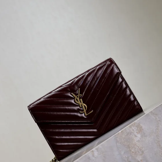 YSL Cassandre Matelass Envelope Chain Wallet Burgundy Woc