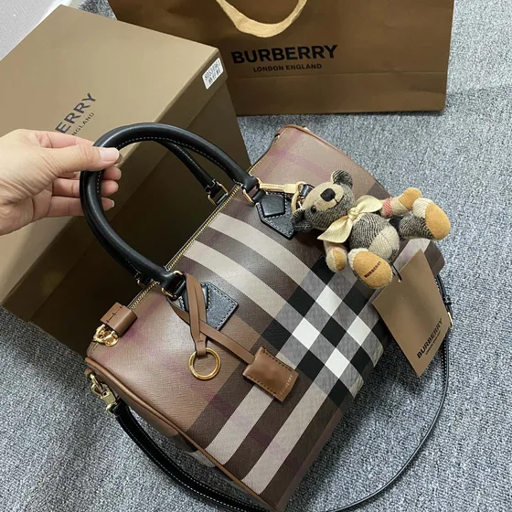 Burberry Check Bowling Bag Brown Top Handle