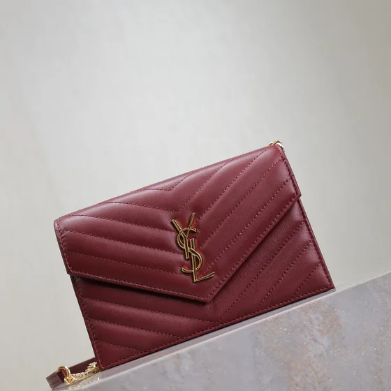 YSL Cassandre Matelass Envelope Chain Wallet Burgundy Woc