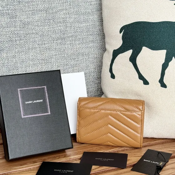 YSL Cassandre Matelass Chevron Envelope Wallet Caramel Wallet
