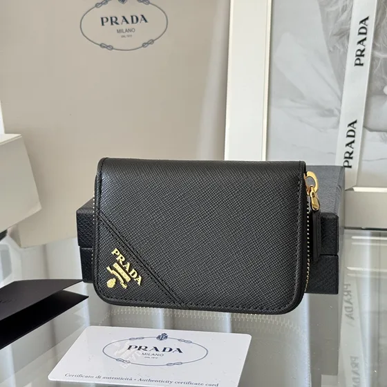 Prada Saffiano Leather Zip Card Holder Black Card Holder