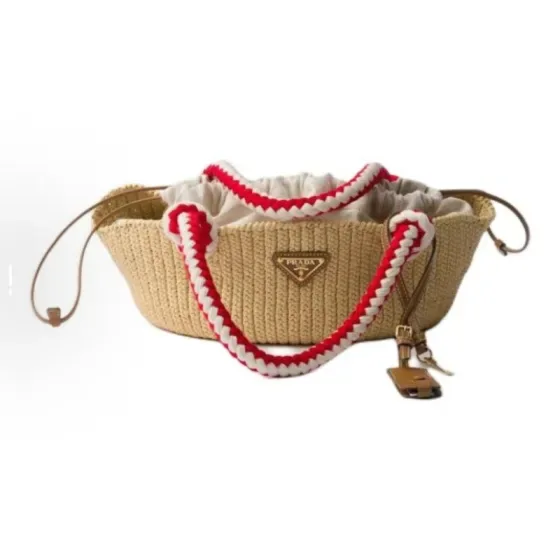 Prada Woven Raffia Top Handle Basket Bag Beige Red White Top Handle