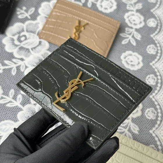 YSL Cassandre Matelass Card Holder Dark Green Card Holder