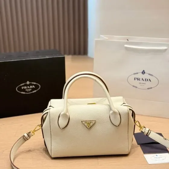 Prada Leather Top Handle Boston Bag White Top Handle