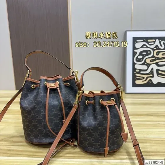 Celine Triomphe Canvas Small Bucket Bag Tan Brown Shoulder Bag