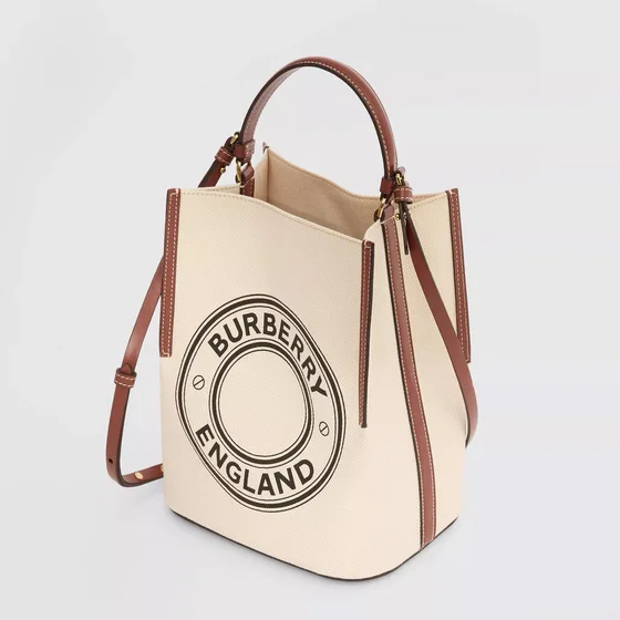 Burberry Small Logo Graphic Cotton Canvas Peggy Bucket Bag Beige Brown Top Handle Crossbody