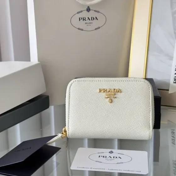 Prada Saffiano Metal Zip Around Coin Purse White Coin Purse