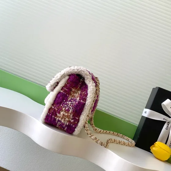Chanel Classic Flap Purple Plaid White Shearling Flap Bag