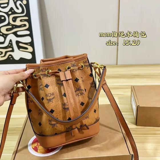 MCM Dessau Drawstring Bucket Bag Cognac Visetos 15 20cm Crossbody Shoulder Bag