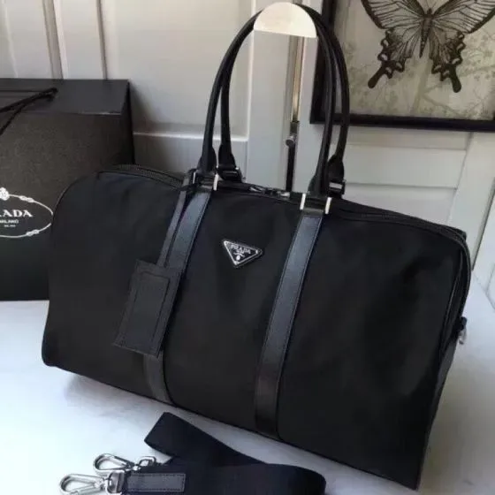 Prada Re-Nylon And Saffiano Leather Travel Duffel Bag Black Top Handle