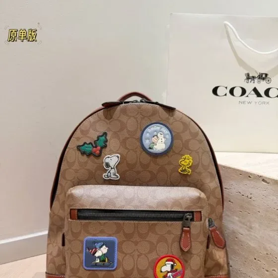 Coach Coach X Peanuts West Backpack In Signature Canvas With Patch Khaki Brown Backpack