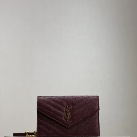 YSL Cassandre Matelass Envelope Chain Wallet Burgundy Woc
