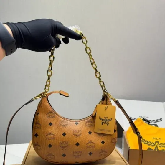 MCM Aren Visetos Crescent Hobo Bag Cognac Hobo