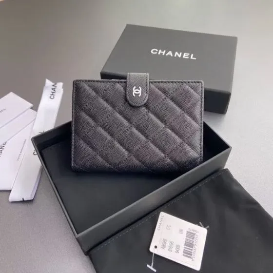 Chanel Quilted Grained Calfskin French Wallet Gray Card Holder