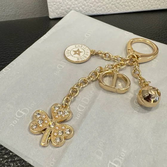 Dior Clover Lucky Key Ring/Charm Perak/Emas Pouch