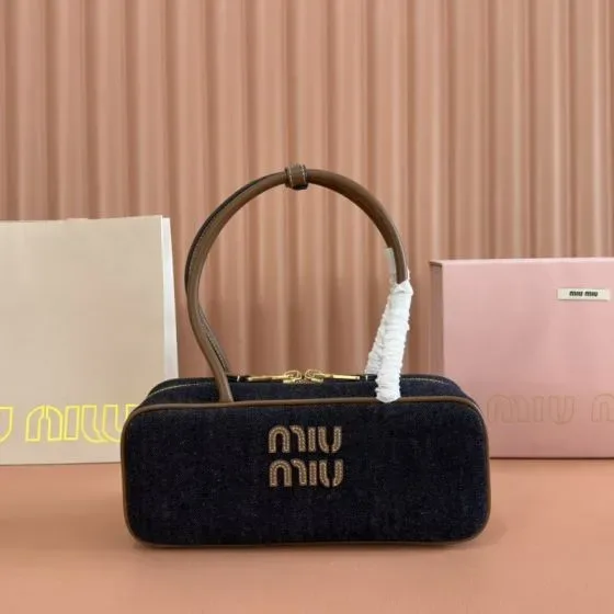 Miu Miu Beau Top Handle Bag Denim Blue Brown Top Handle