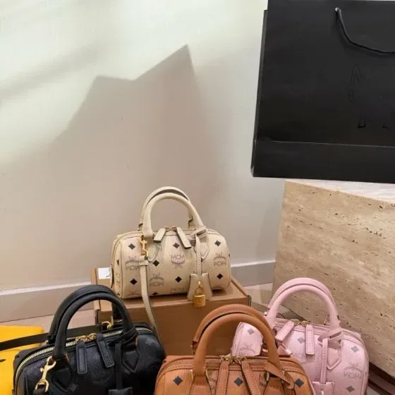 MCM Essential Boston Bag Beige Black Cognac Pink Top Handle