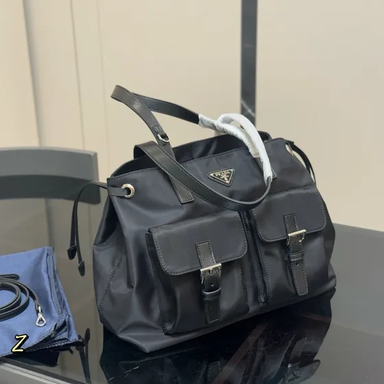 Prada Re-Nylon Medium Tote Bag With Pockets Black Tote Bag