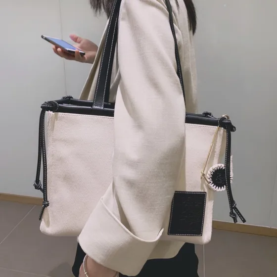 Loewe Cushion Tote Beige Black Tote Bag
