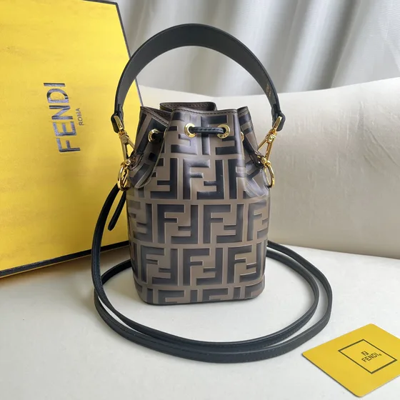 Fendi Mon Tr sor Mini Bucket Bag Brown Ff Logo With Black Trim Crossbody