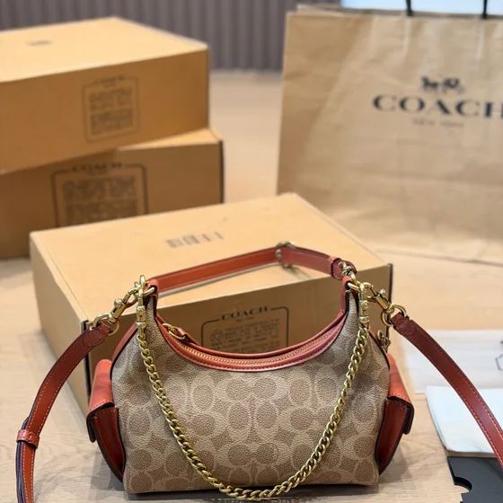 Coach Juno Bag In Signature Lona Bege/Laranja Crossbody