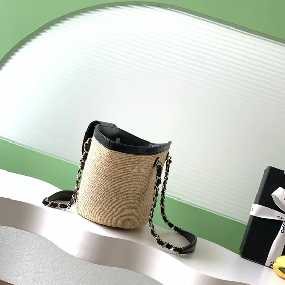Chanel Straw Basket Tote Beige And Black Tote Bag