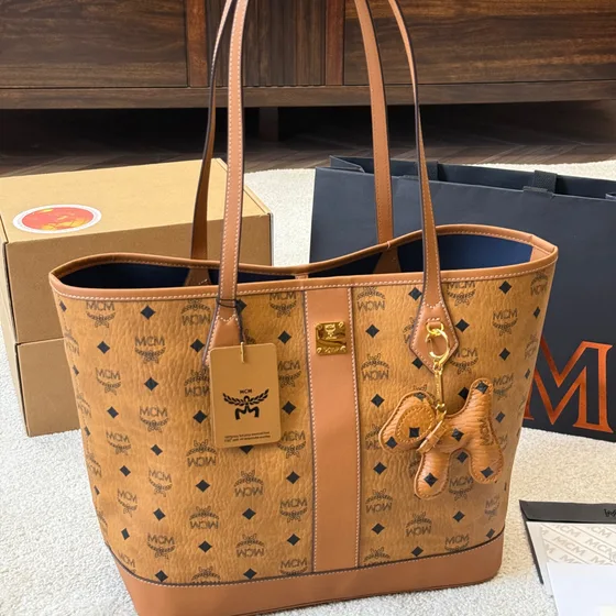 MCM Aren Visetos Shopper Tote Cognac Tote Bag