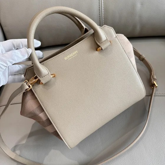 Burberry Check Detail Leather Top Handle Bag Off-White With Light Pink Check Top Handle