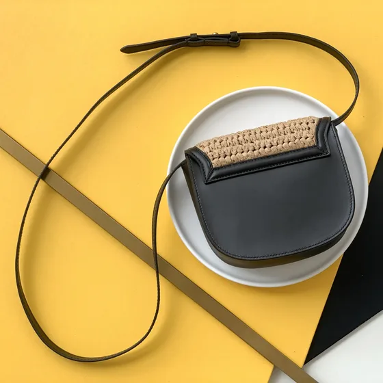 YSL Kaia Small Satchel In Raffia Бежевый/Чёрный Crossbody