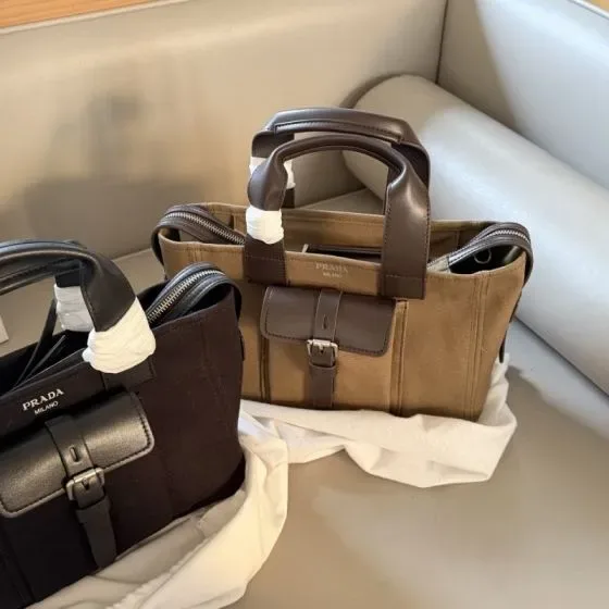 Prada Canvas Leather Buckle Tote Brown Tote Bag