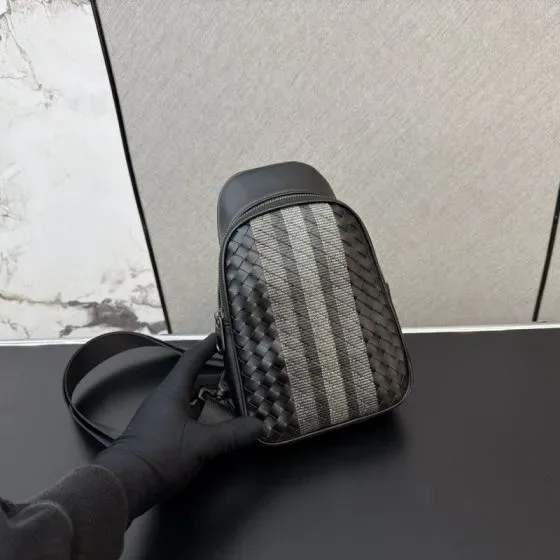 Bottega Veneta Intrecciato Webbing Stripe Sling Bag Black Grey Crossbody