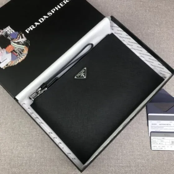 Prada Saffiano Leather Document Holder Black Clutch