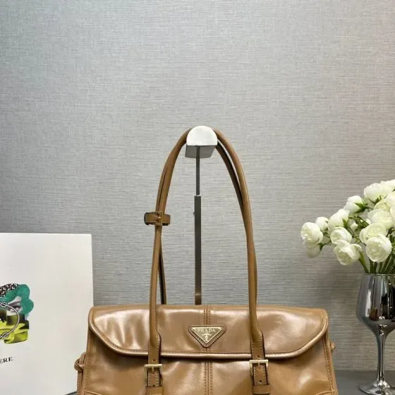Prada Medium Leather Top-Handle Bag With Flap Camel Brown Top Handle