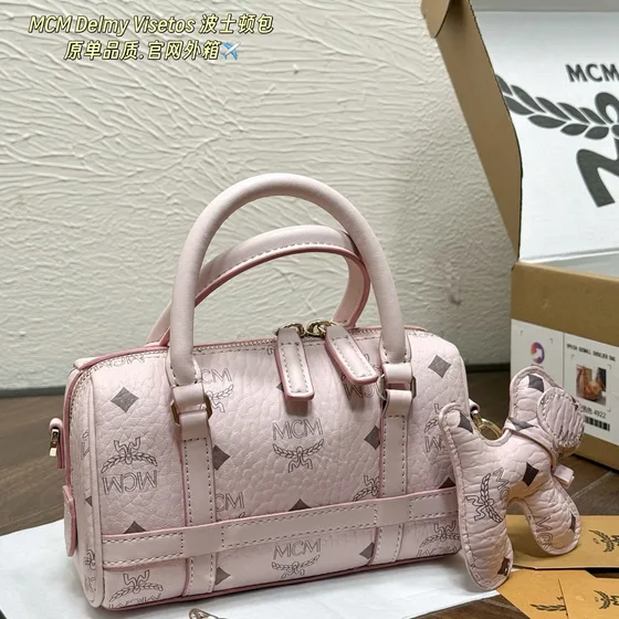 MCM Delmy Visetos Boston Bag Light Pink Top Handle