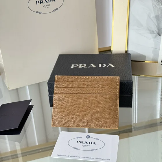 Prada Saffiano Metal Card Holder Camel Braun Card Holder
