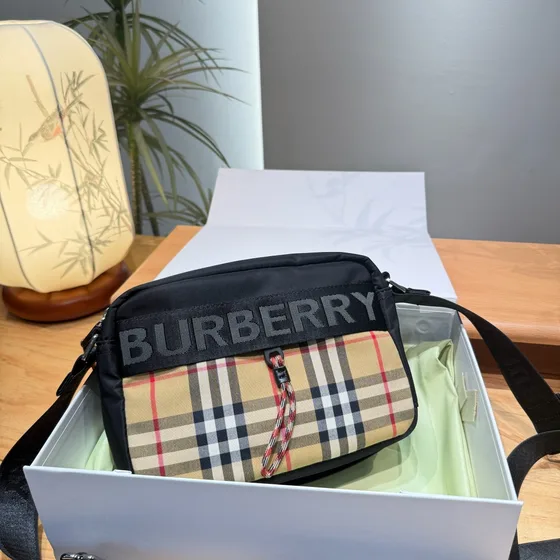 Burberry Vintage Check Nylon Crossbody Bag Black Beige Crossbody