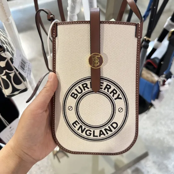 Burberry Logo Graphic Canvas Phone Crossbody Bag Beige Brown Crossbody