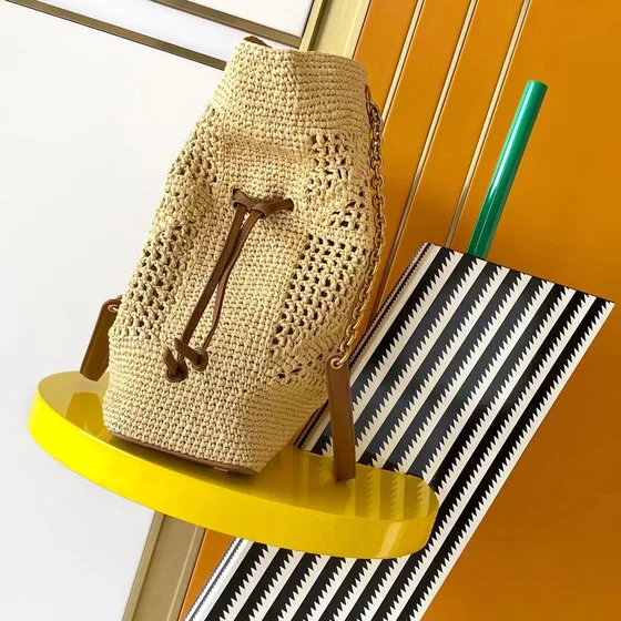 YSL Teddy Raffia Chain Spandtasketur Beige Skuldertaske