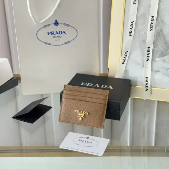 Prada Saffiano Leather Card Holder Beige Brown Card Holder