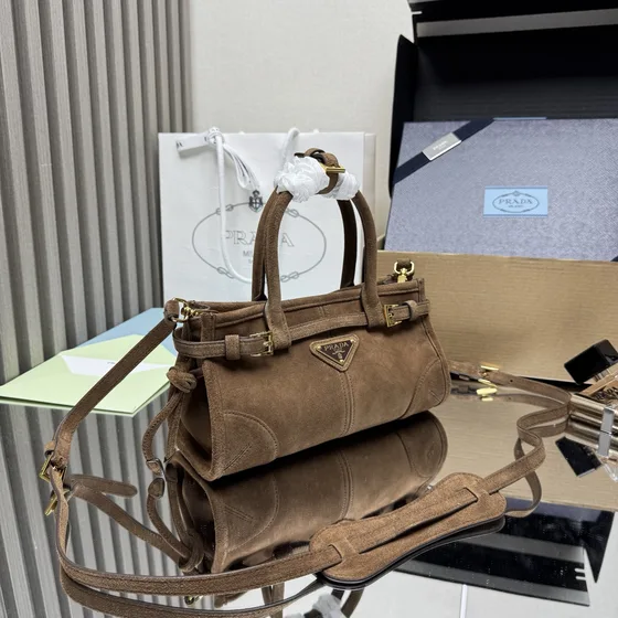 Prada جلد شامواه Medium Top Handle Bag With Belt بني Top Handle