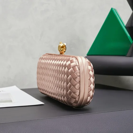 Bottega Veneta Intreccio Satin Knot Clutch Rose Emas Clutch