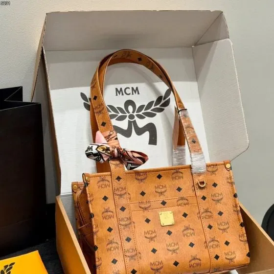MCM Aren Tote In Visetos Cognac Tote Bag